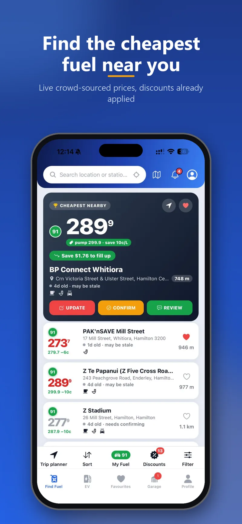 TopUp showing the cheapest fuel nearby