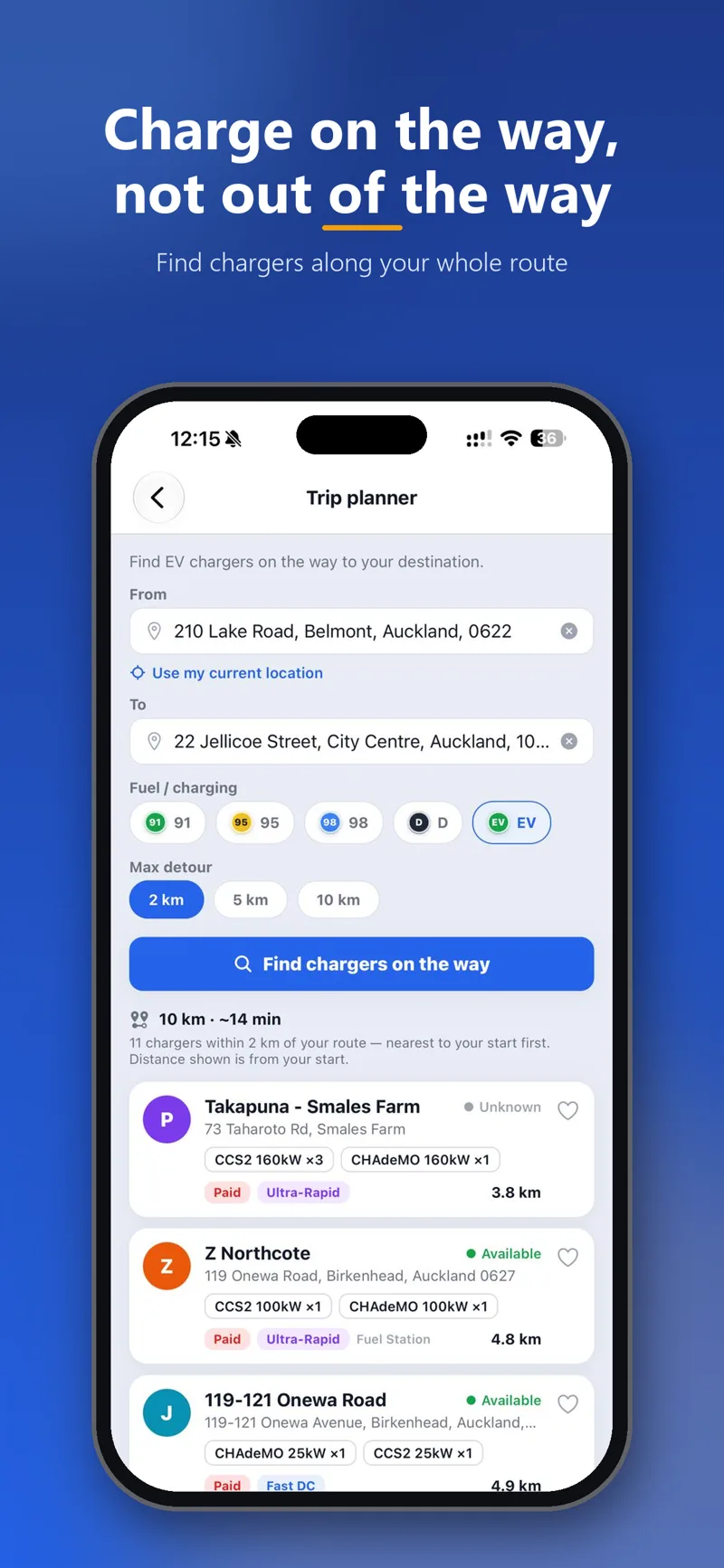 TopUp trip planner finding chargers along a route