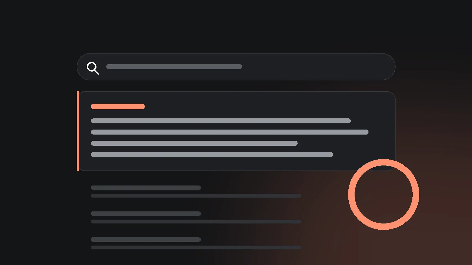 A dark search bar with a coral answer box beneath it and no result links, an illustration of a zero-click search