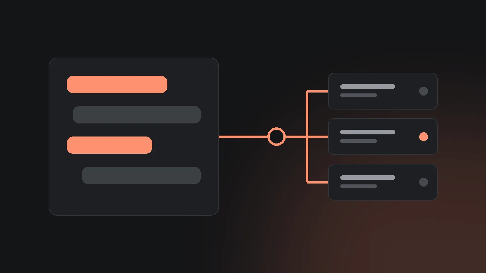 Dark illustration of a chat window connected by a coral line to a set of ad campaign tiles, representing an AI assistant linked to a Meta ad account