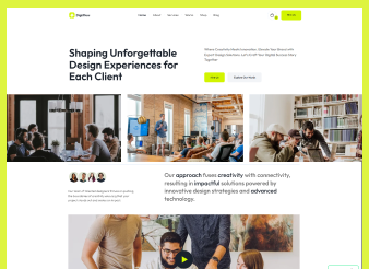 Website homepage showing a banner with the headline 'Shaping Unforgettable Design Experiences for Each Client' and images of people collaborating in modern office settings.