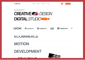 Website homepage showcasing a creative design digital studio with a call-to-action button and various logo types displayed below.