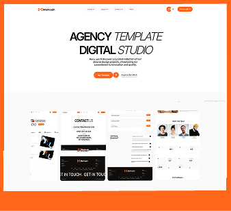 Website homepage of a digital studio agency template featuring navigation menu, headline, call-to-action buttons, and preview of multiple web pages.