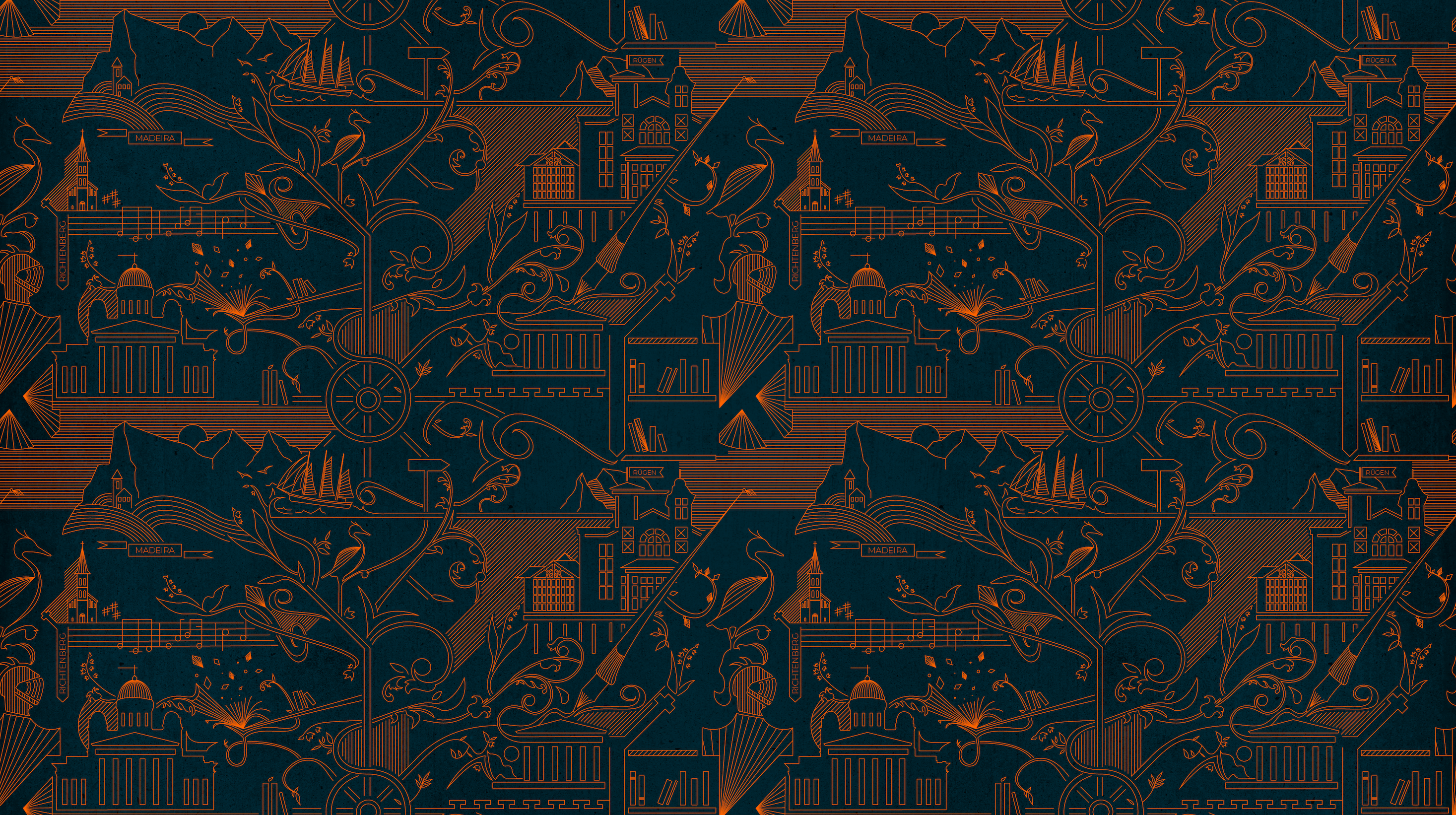 Saumaton kuvio, jossa on oransseja kuvioita tummansinisellä taustalla, sisältäen rakennuksia, lintuja, kasveja ja tekstiä "Madeira" ja "Rügen".