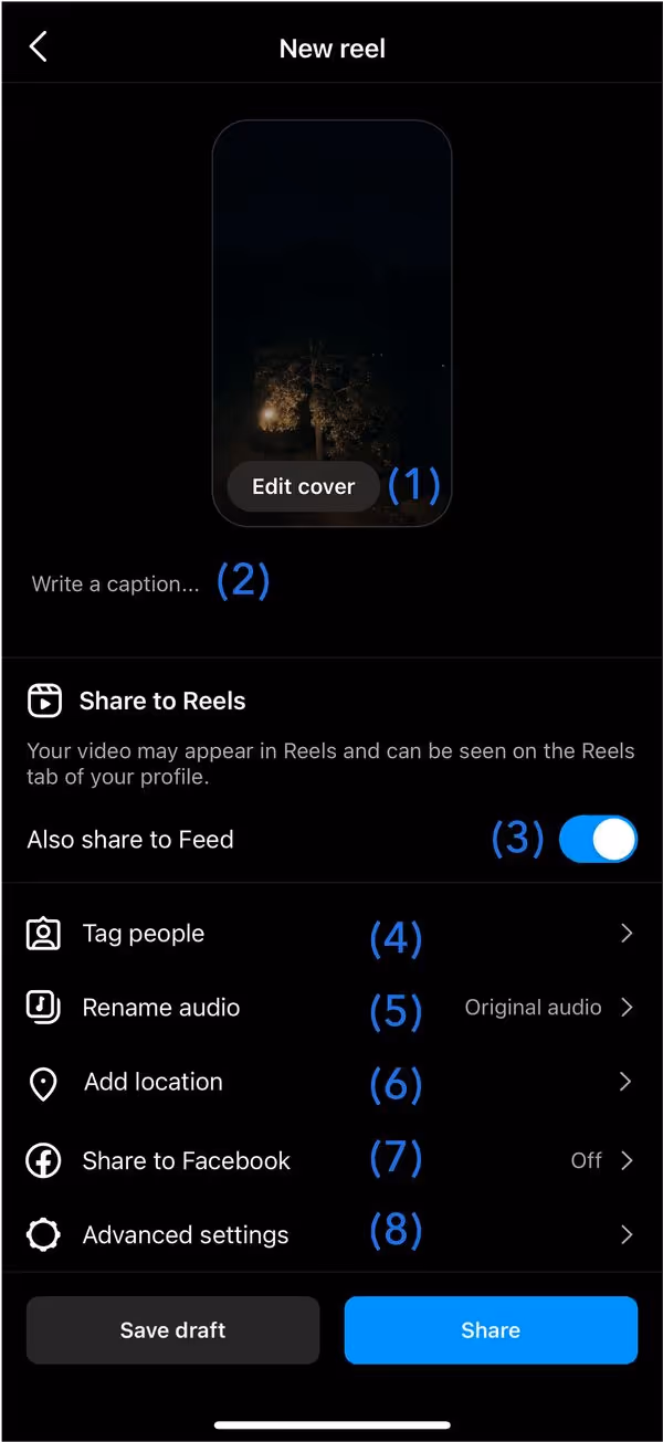 Editing Instagram Reels cover and captions