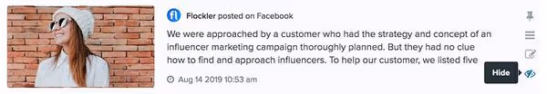 A hide button on the Flockler social media aggregator to remove a post from the social wall