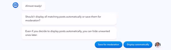 Social media moderation settings on the Flockler app