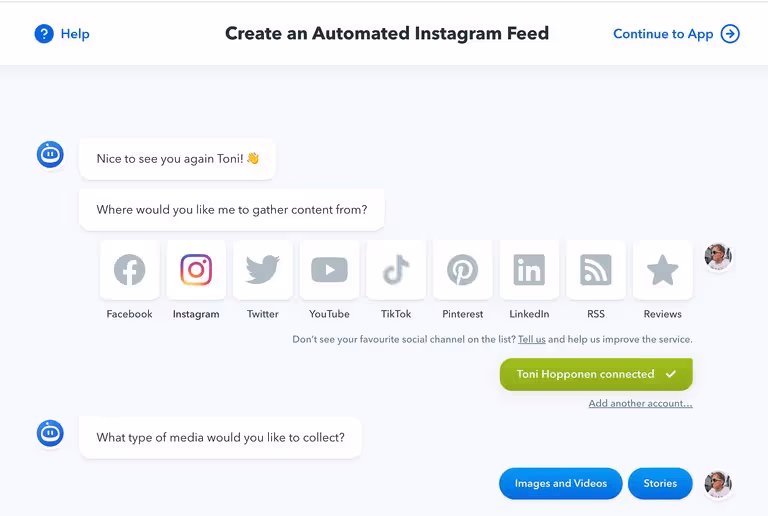 Choosing a content type on the Flockler app