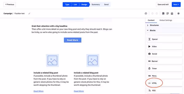 Choosing HTML block on ActiveCampaign