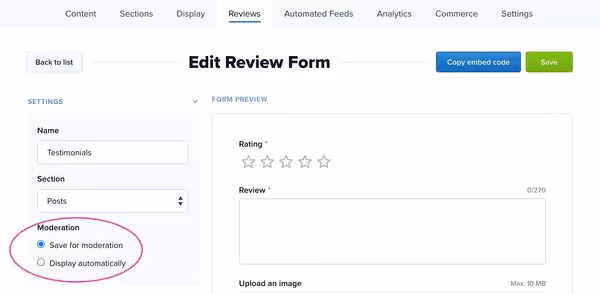 Choosing the moderation option for the customer testimonials form