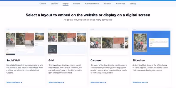 Flockler app’s display layout options for customer testimonials