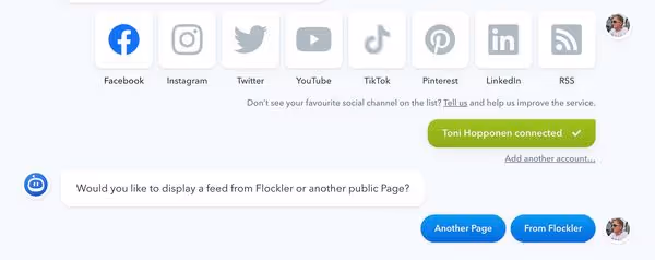 Choosing the Facebook Page source on the Flockler app