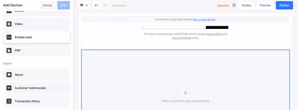 Choosing 'Embed' on the Weebly editor