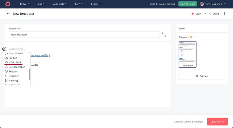 Auswahl des HTML-Blocks in ConvertKit