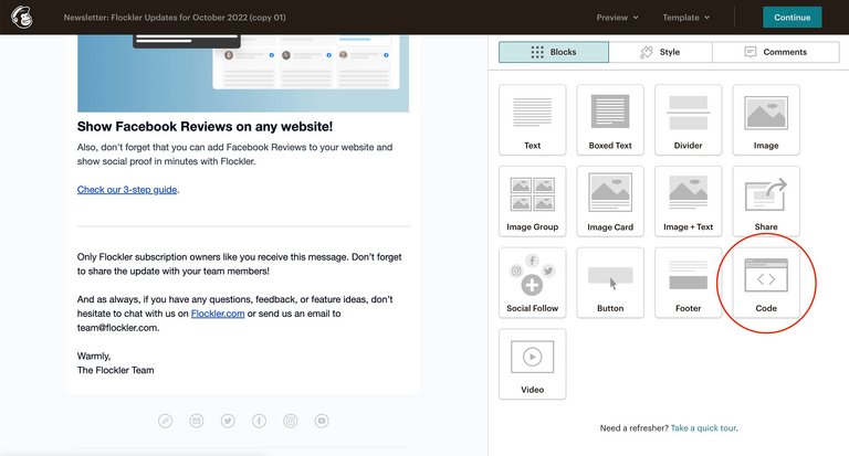 Hinzufügen eines Code-Elements zu MailChimp-E-Mails