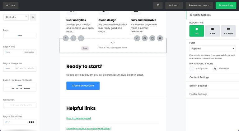 Code-Block im E-Mail-Inhaltsbereich von MailerLite