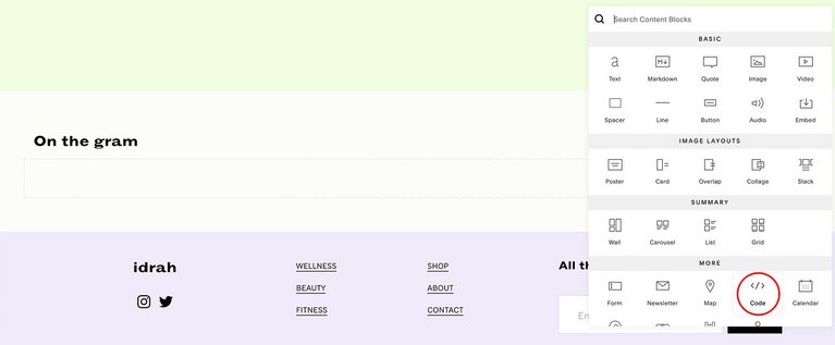 Instagram-Feeds in Squarespace einbinden: einen Code-Block hinzufügen