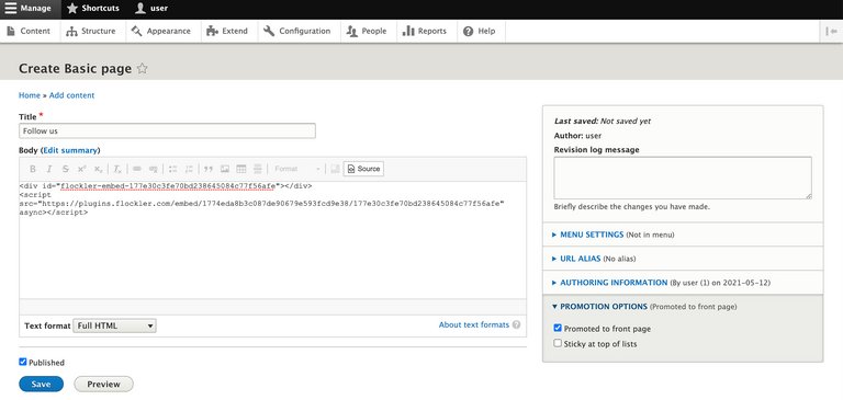 Flocklers Einbettungscode im Drupal-Editor