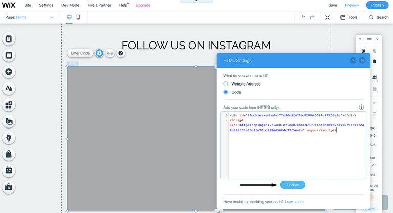 Instagram-Feeds in Wix einbinden: hinzugefügter Einbettungscode von Flockler