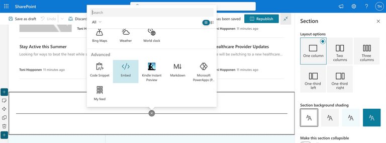 Hinzufügen eines Einbetten-Elements zu SharePoint