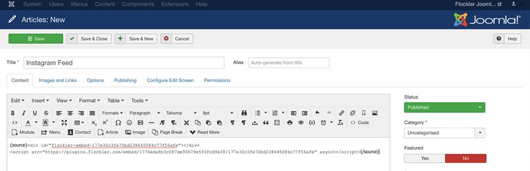 Veröffentlichung eines Joomla-Artikels mit dem Instagram-Feed-Einbettungscode