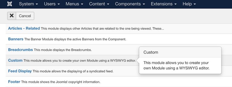 Anklicken eines benutzerdefinierten Moduls in Joomla