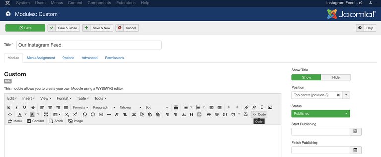 Auswählen des „Codes“ in der Symbolleiste des Joomla-Modul-Editors