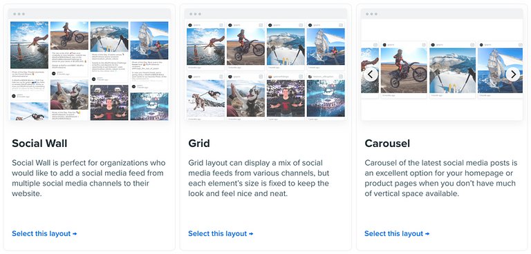 Flockler bietet drei Layout-Optionen: Social Wall, Grid und Carousel