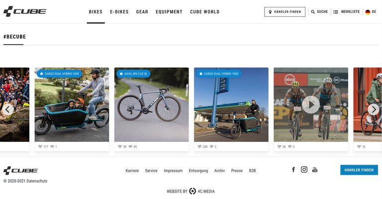 Instagram auf der Website von Cube