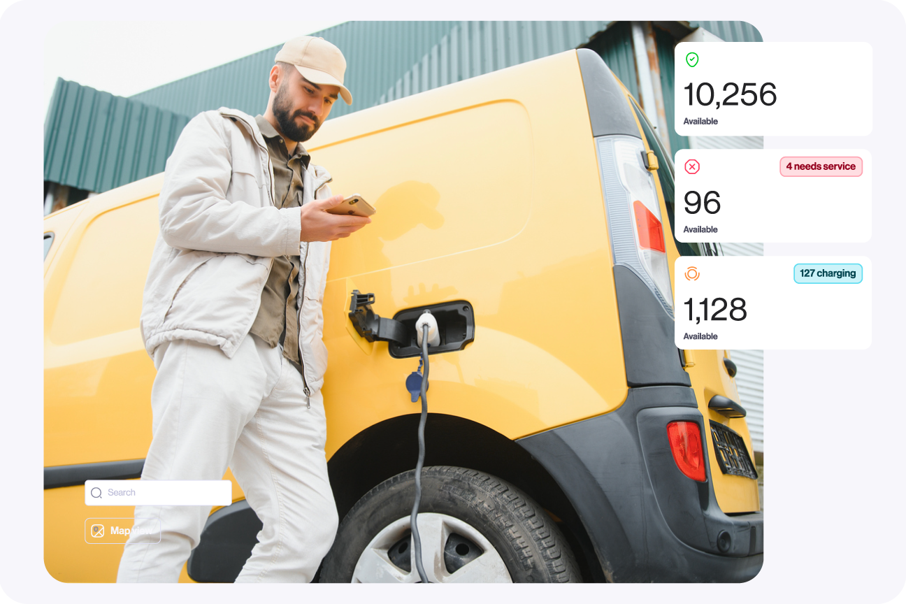 Car parking lot with availability stats, emphasizing fleet management and vehicle status tracking.