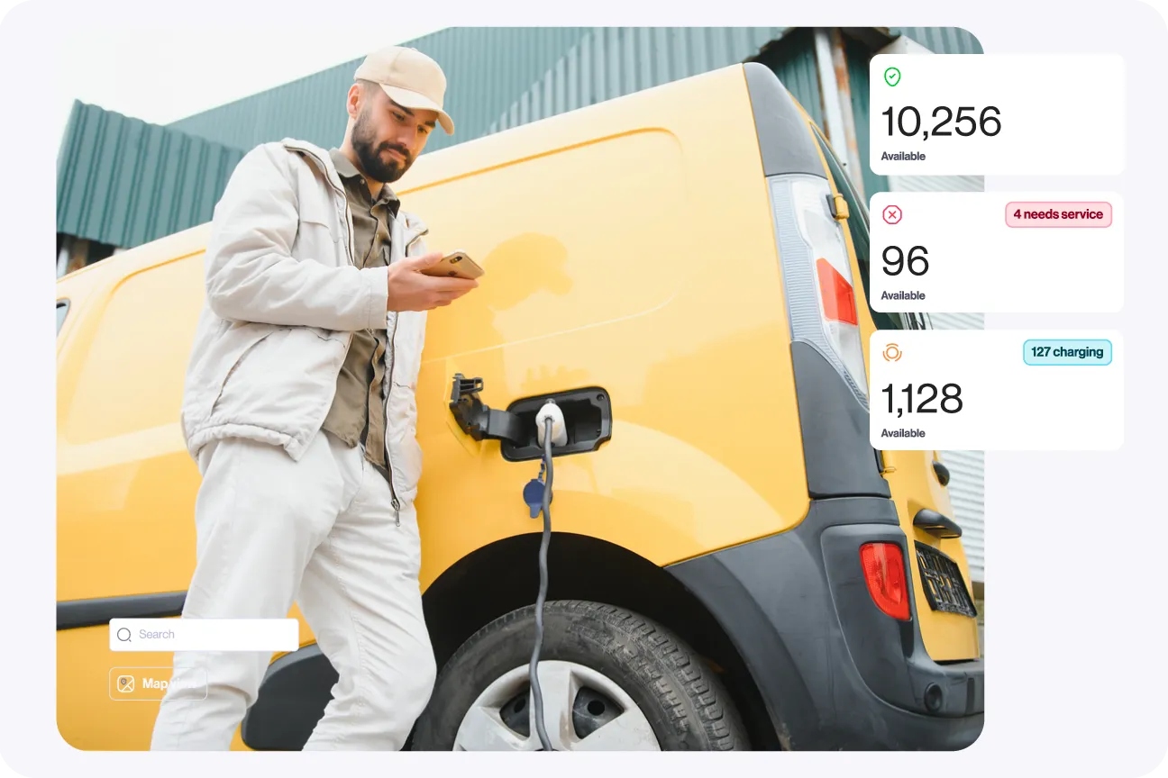 Car parking lot with availability stats, emphasizing fleet management and vehicle status tracking.