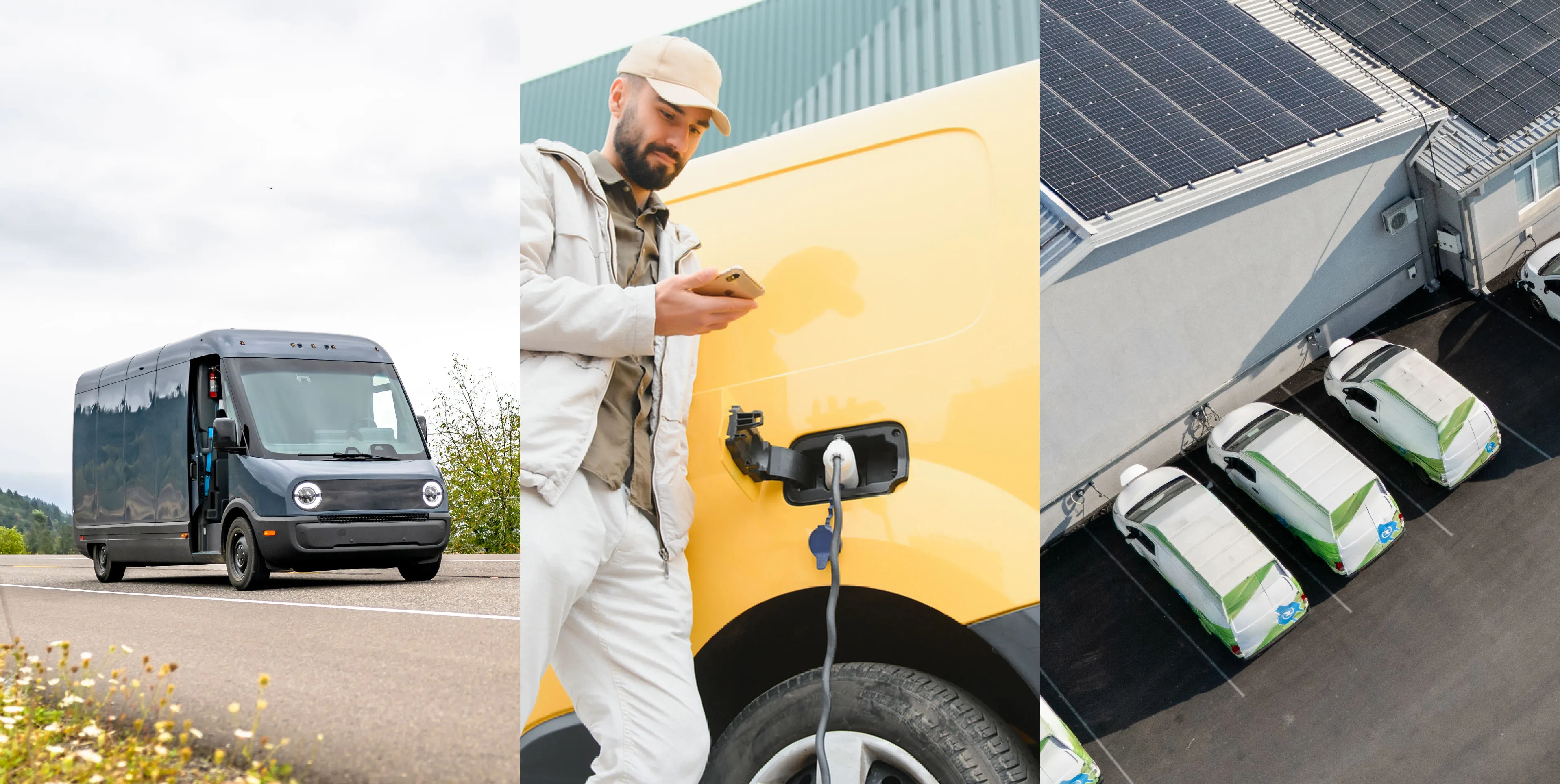 Collage of EV charging scenarios: a woman activating a charger with a card, a man using a laptop indoors, and a woman smiling while her electric vehicle charges outdoors.