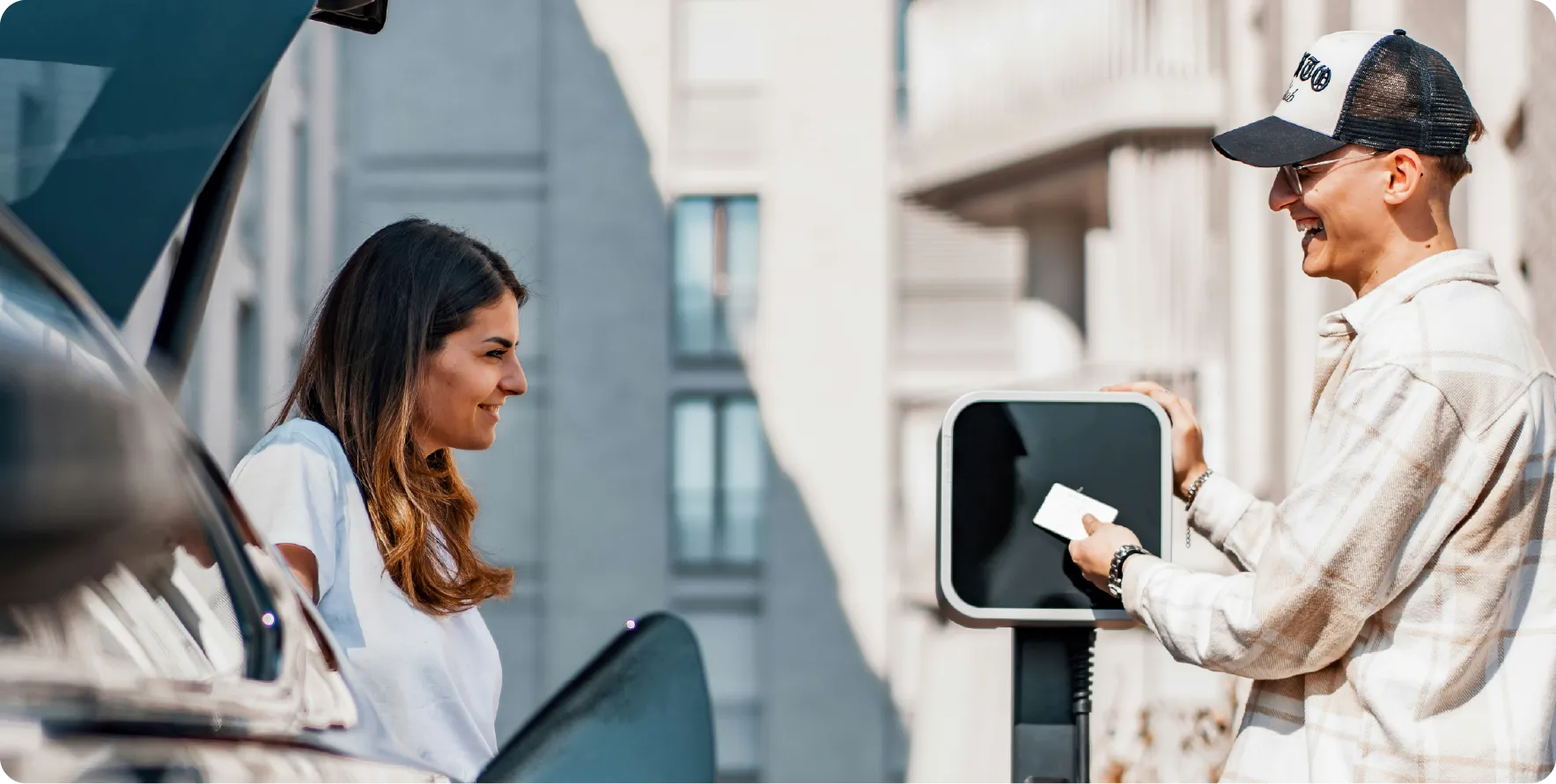 Illustration and tablet screen explaining EV charging network strategies, highlighting pricing models, value-added services, and strategic partnerships to maximize business revenue.