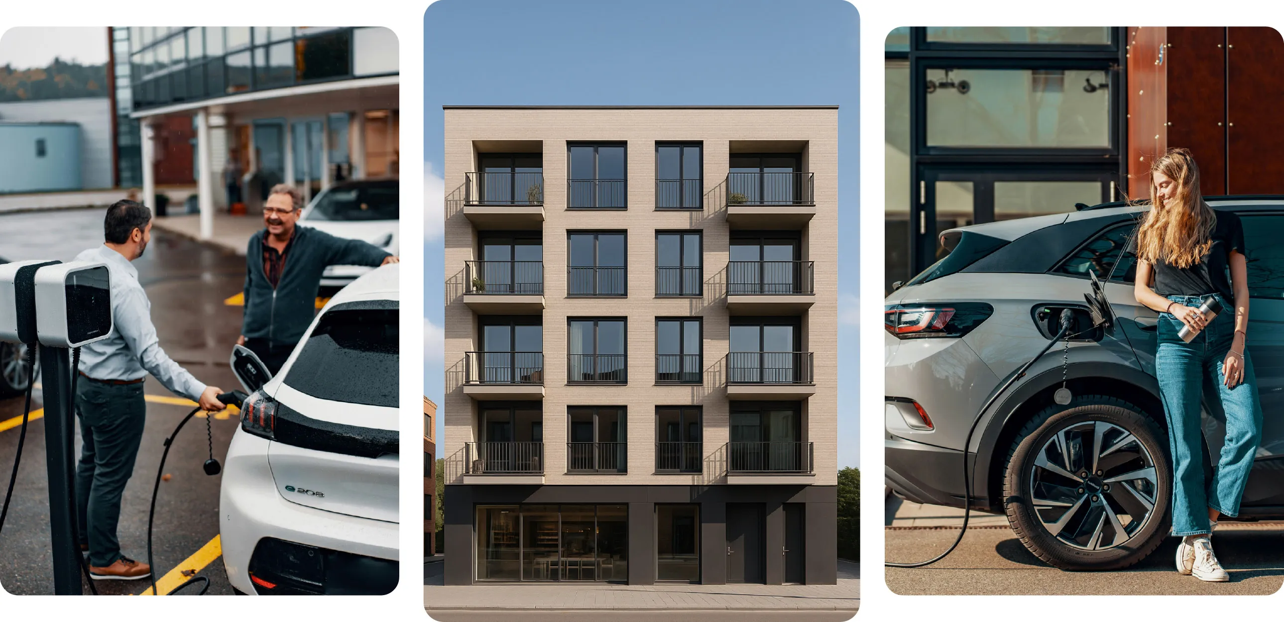 Three-panel collage showing a man working on a laptop, a modern shopping mall interior, and a person placing shopping bags into the trunk of an electric car being charged.