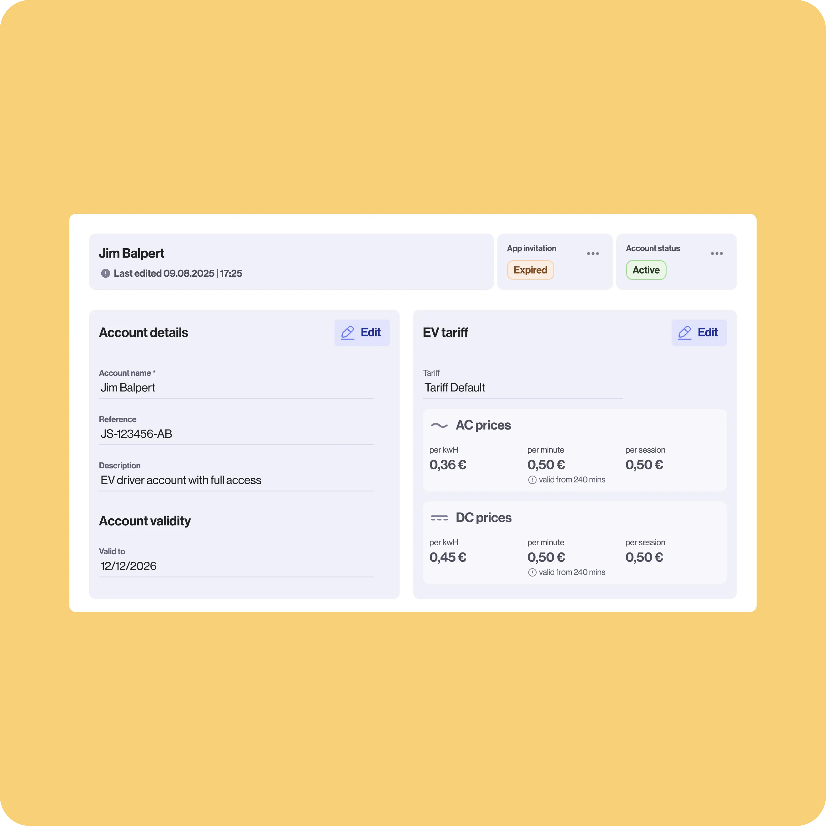 Account overview for Jim Balpert showing EV tariff “Tariff Default” with AC prices at €0.36/kWh, €0.50/min, and €0.50/session; DC prices at €0.45/kWh. Status: App invitation expired, account active.