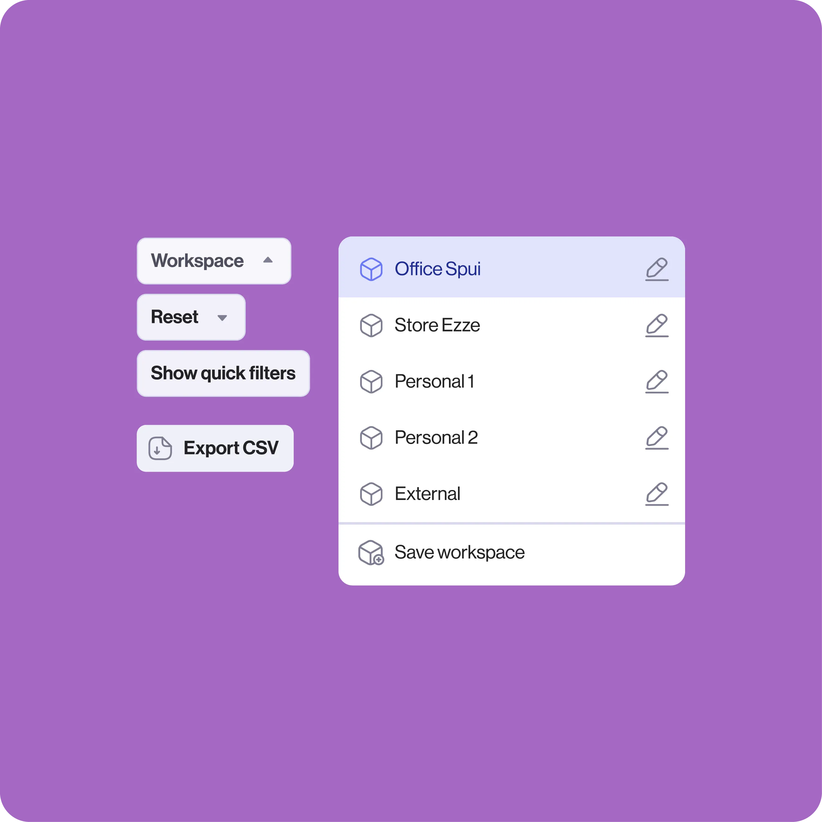 Interface for selecting and managing workspaces, including options like “Office Spui,” “Personal 1/2,” “Store Ezze,” and buttons for exporting CSV or showing quick filters.