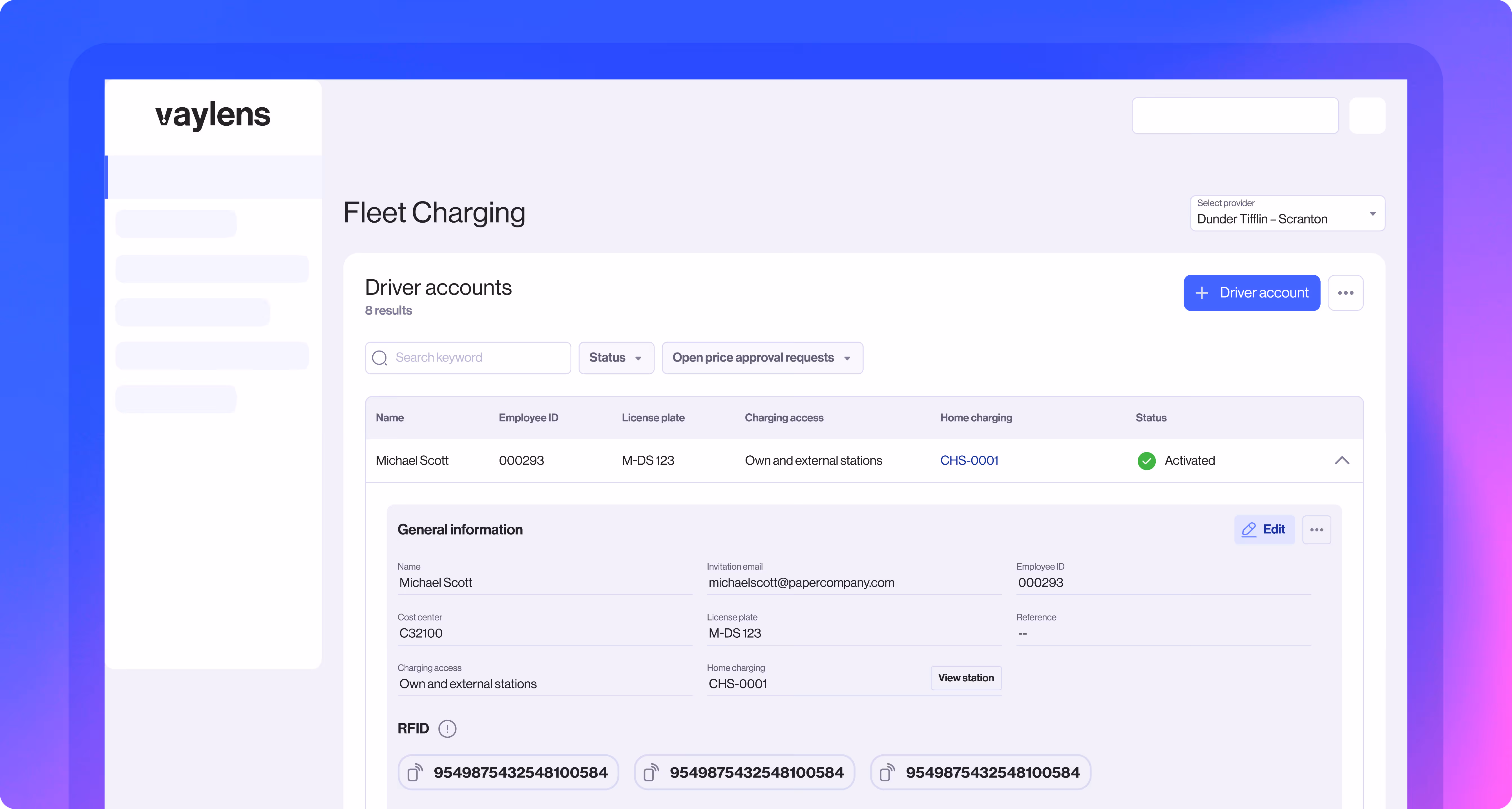 Fleet charging dashboard showing charging methods and costs for Michael Scott, including workplace (0.00 €), public (38.73 €), and home charging (50.55 €). Home reimbursement price is 0.28 €/kWh, with an odometer reading of 54,952 km.