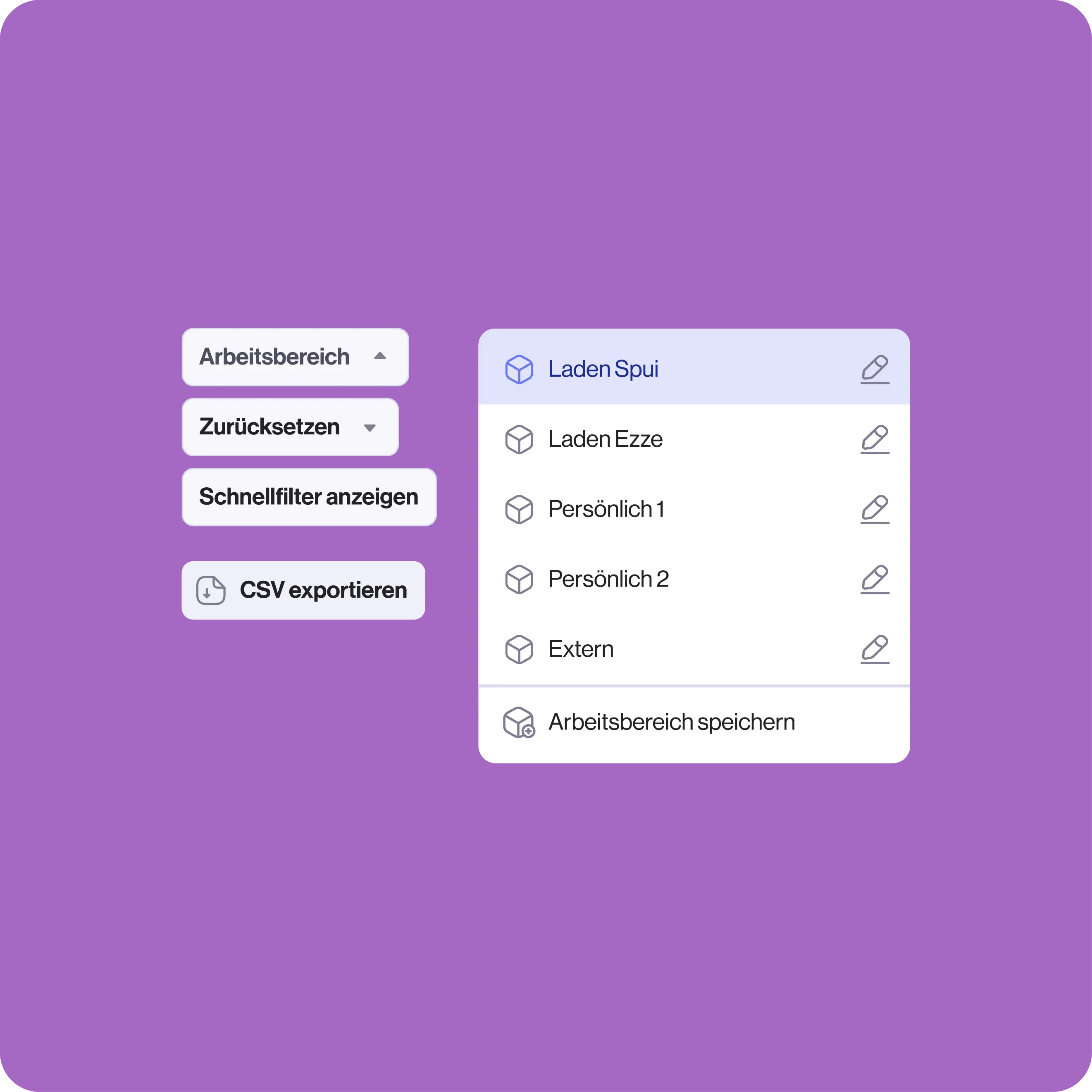 Benutzeroberfläche zur Auswahl und Verwaltung von Arbeitsbereichen mit Optionen wie „Office Spui“, „Personal 1/2“, „Store Ezze“ und Schaltflächen zum CSV-Export oder schnellen Filtern.