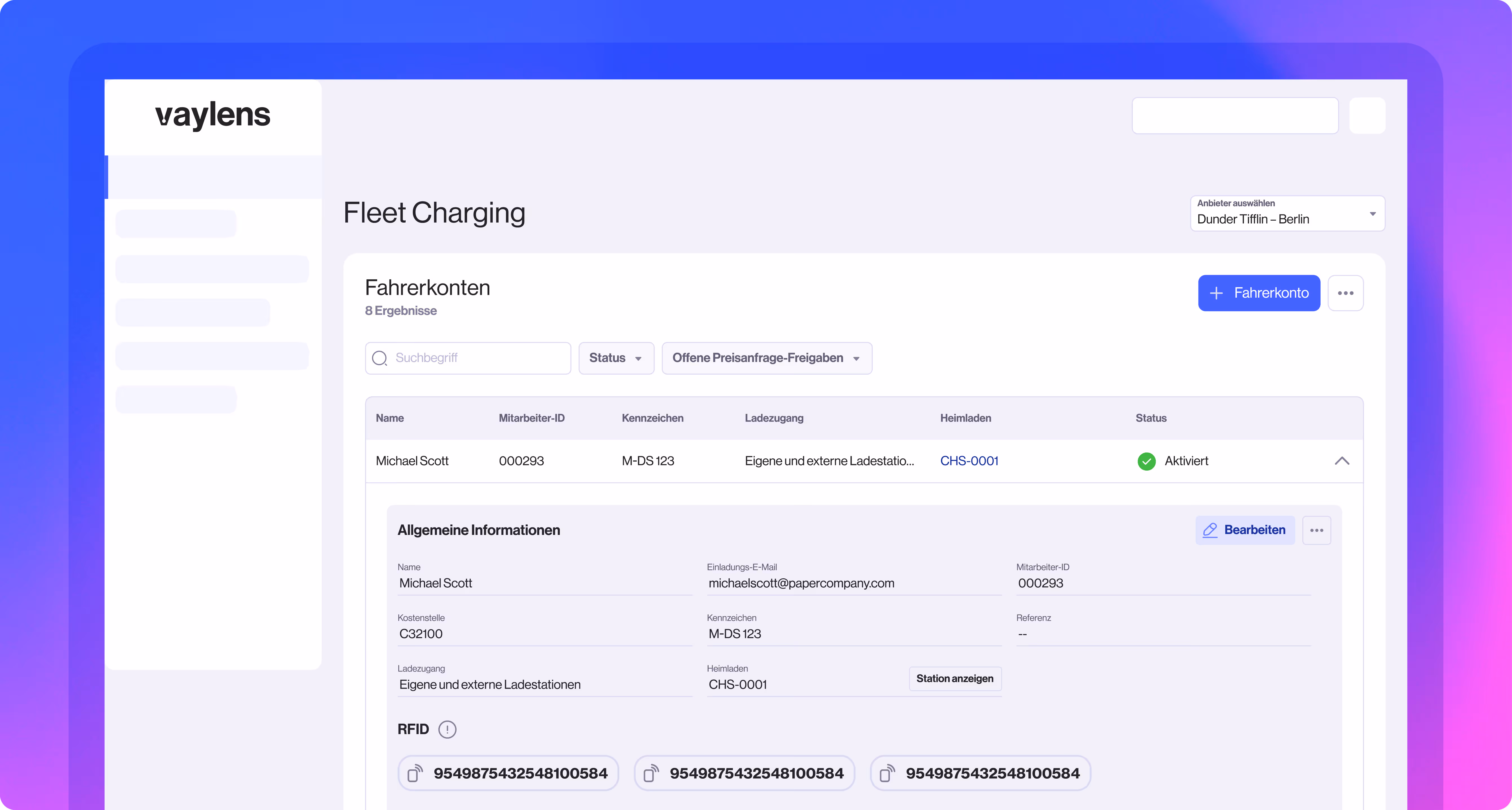 Flottenlade-Dashboard mit Lademethoden und Kosten für Michael Scott: Arbeitsplatz (0,00 €), öffentlich (38,73 €) und Zuhause (50,55 €). Erstattungspreis zu Hause beträgt 0,28 €/kWh, Kilometerstand: 54.952 km.