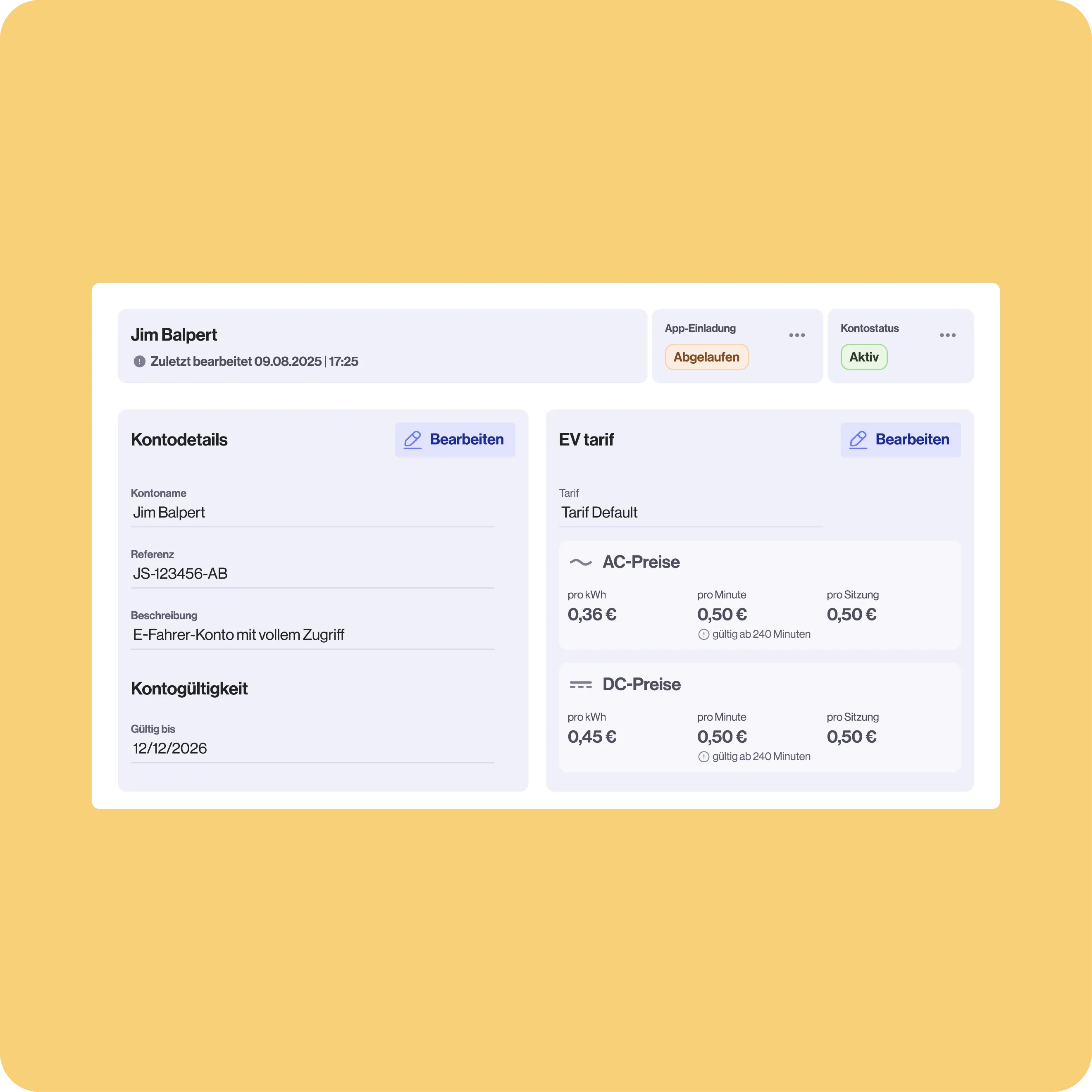 Kontenübersicht für Jim Balpert mit E-Fahrzeugtarif „Tariff Default“, AC-Preise: 0,36 £/kWh, 0,50 £/Minute, 0,50 £/Sitzung; DC-Preise: 0,45 £/kWh. App-Einladung abgelaufen, Konto aktiv.