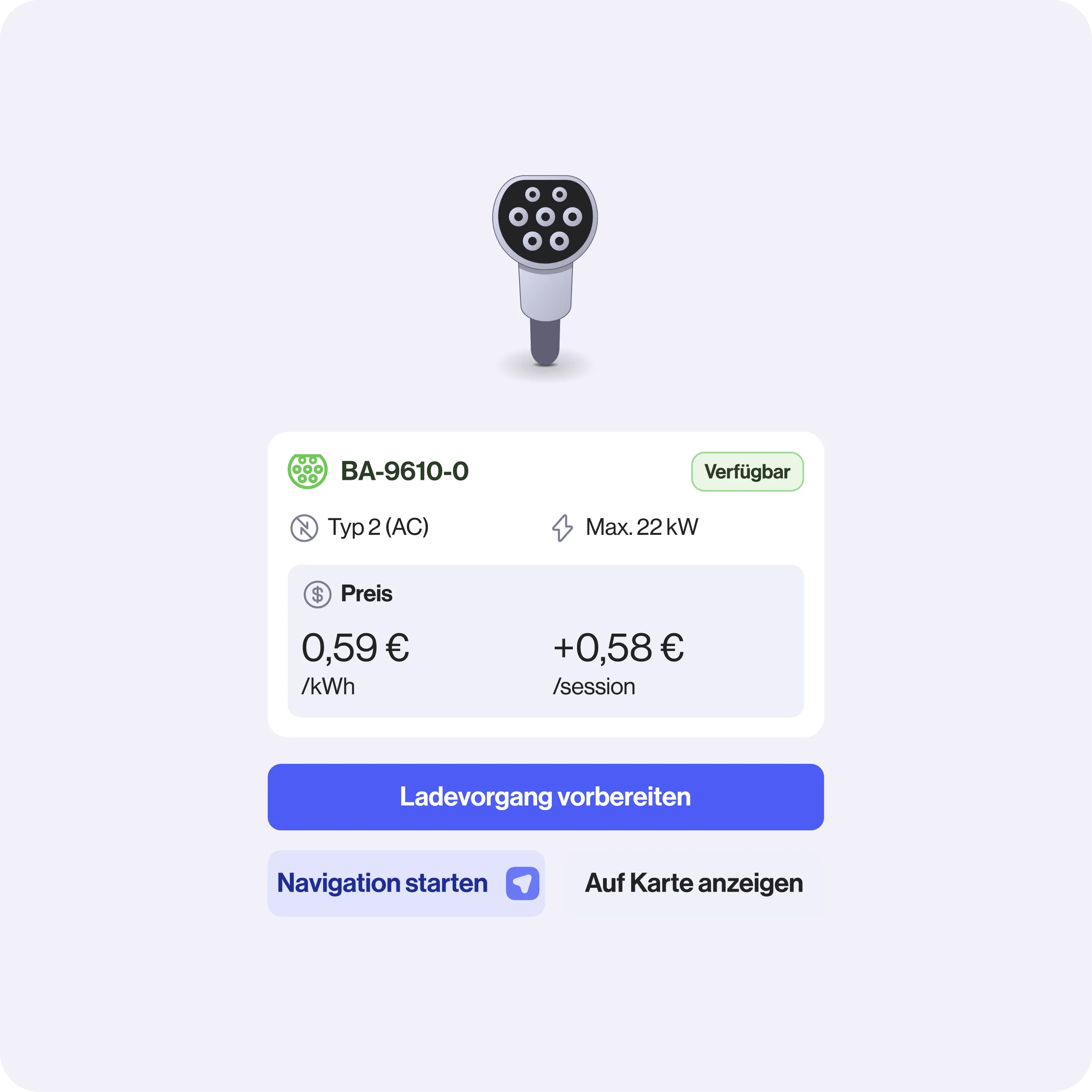 Übersicht über Ladestation mit Typ-2-AC-Stecker, max. 22 kW. Preis: 0,59 €/kWh + 0,58 €/Sitzung. Schaltflächen: „Ladevorgang vorbereiten“, „Navigation starten“, „Auf Karte anzeigen“.