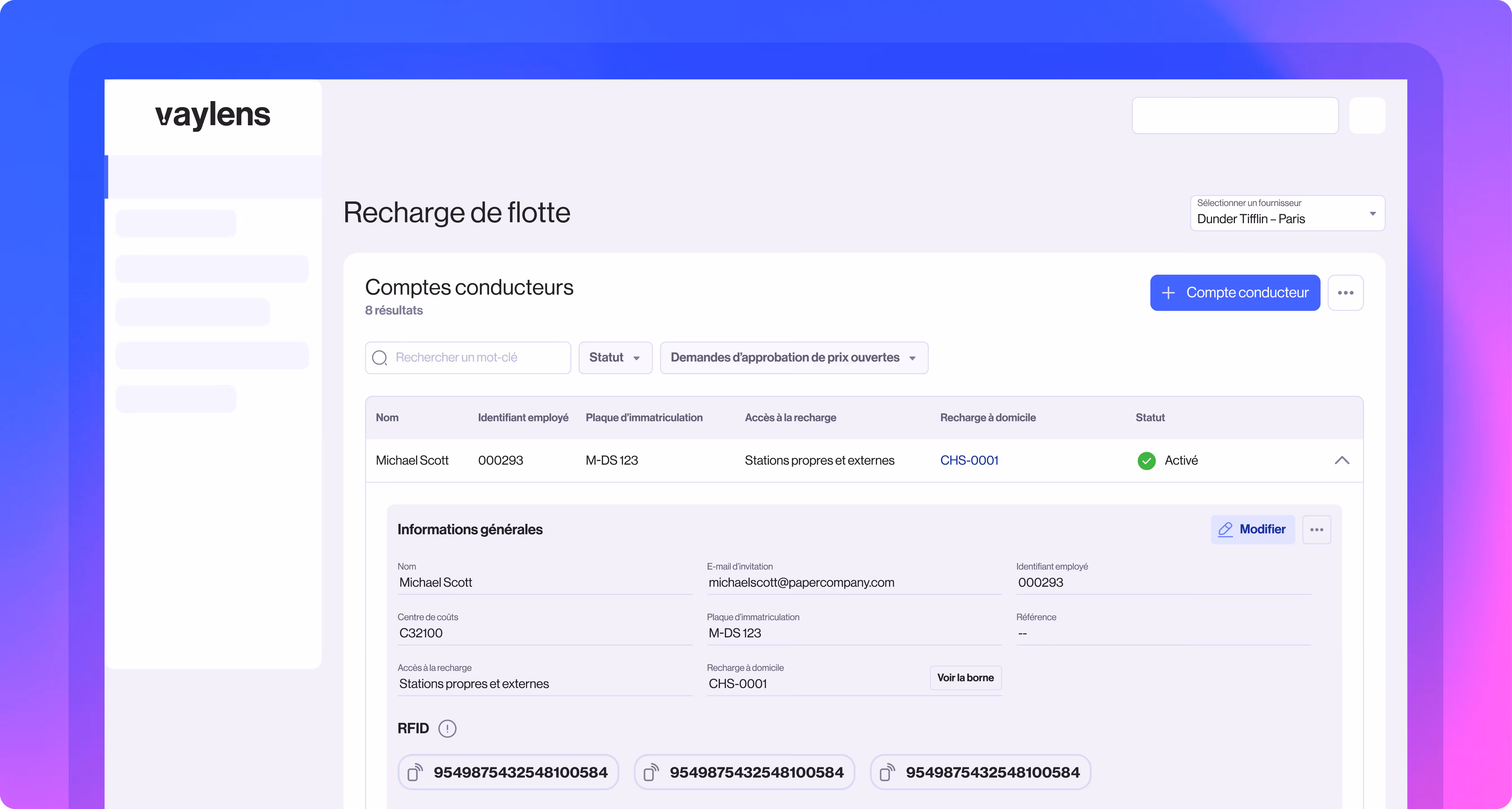 Tableau de bord de recharge de flotte montrant les méthodes et coûts de recharge pour Michael Scott, y compris au travail (0,00 €), en public (38,73 €) et à domicile (50,55 €). Le tarif de remboursement à domicile est de 0,28 €/kWh, avec un kilométrage de 54 952 km.