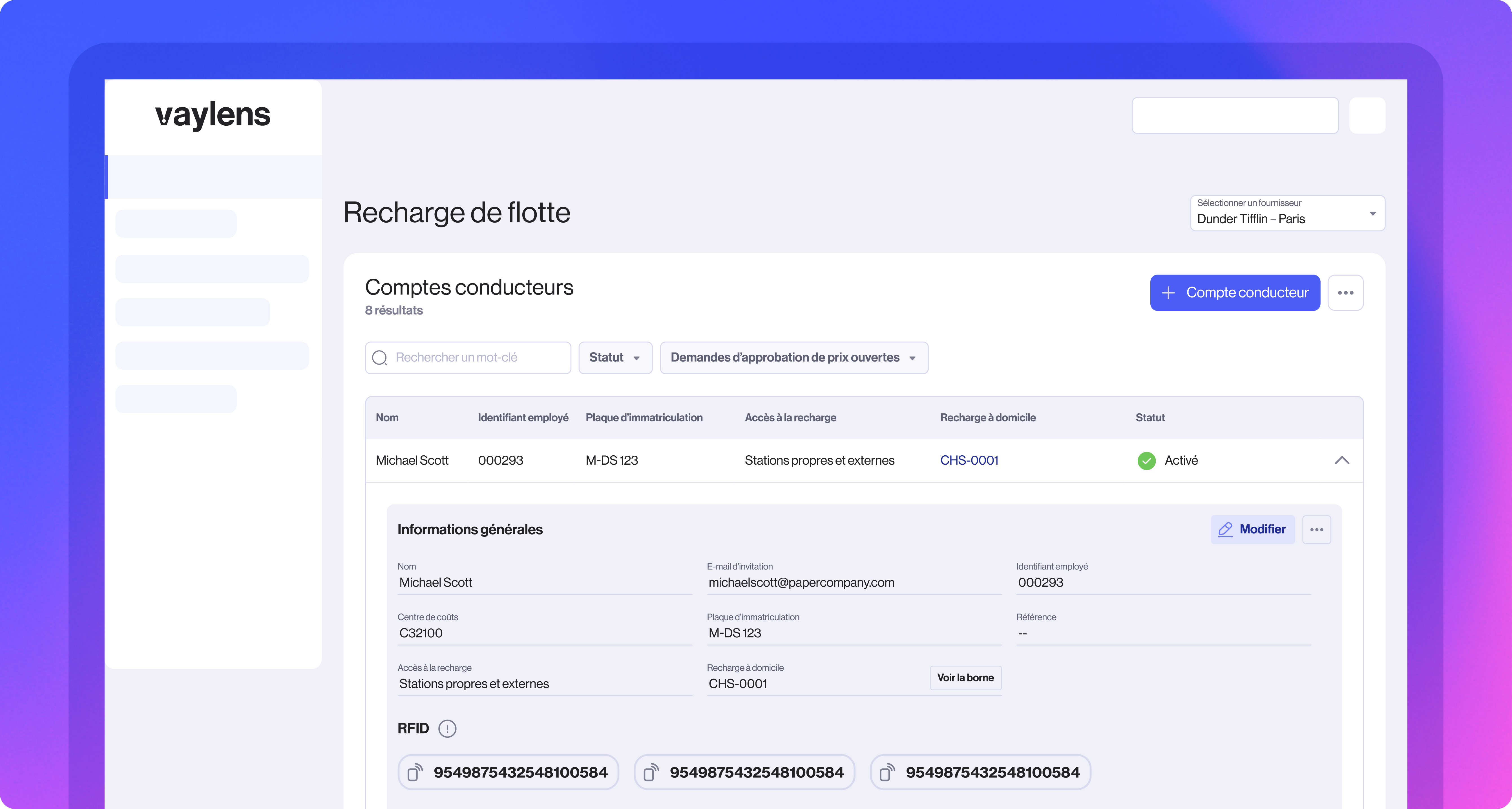 Tableau de bord de recharge de flotte montrant les méthodes et coûts de recharge pour Michael Scott, y compris au travail (0,00 €), en public (38,73 €) et à domicile (50,55 €). Le tarif de remboursement à domicile est de 0,28 €/kWh, avec un kilométrage de 54 952 km.