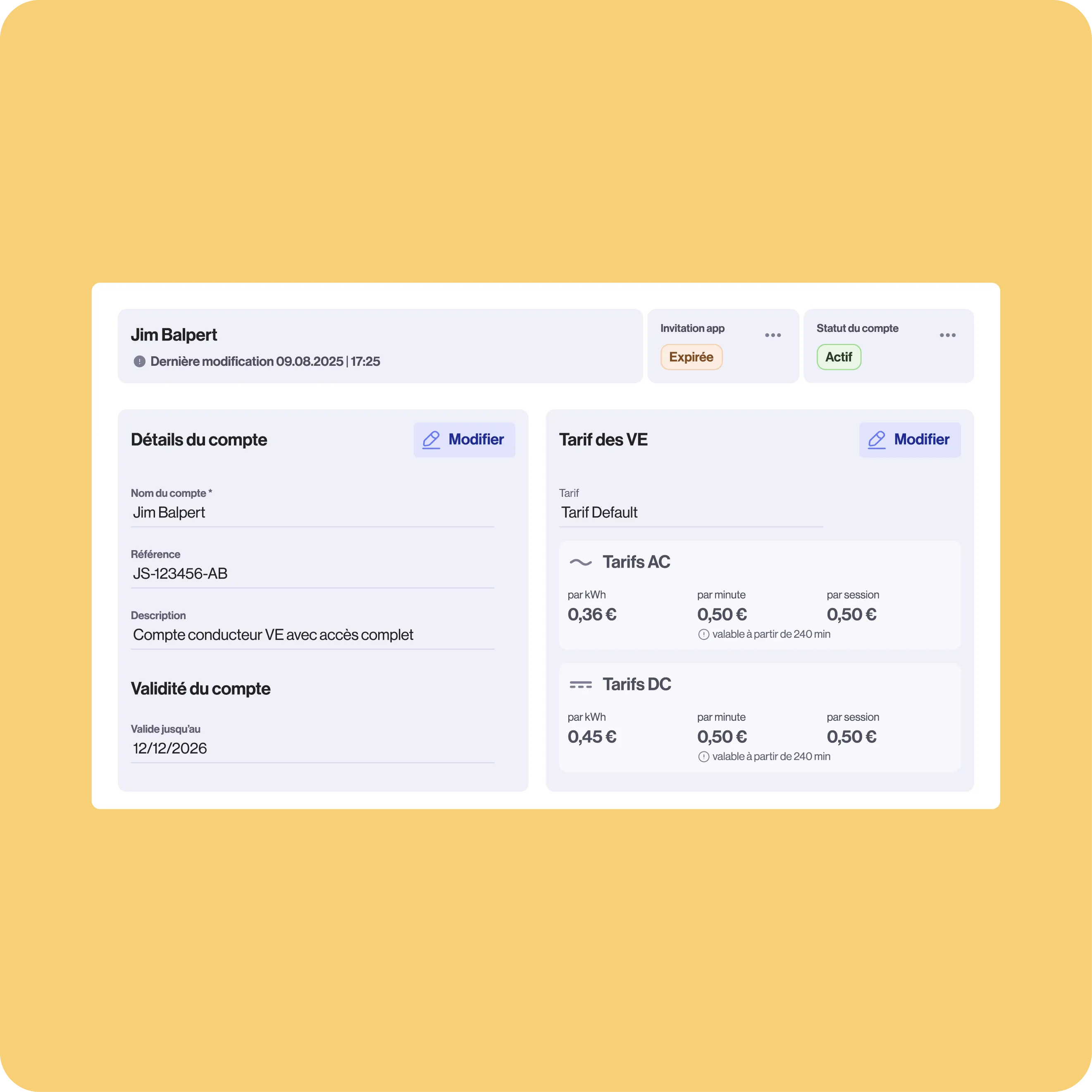 Aperçu du compte de Jim Balpert avec le tarif VE « Tariff Default », prix AC à 0,36 €/kWh, 0,50 €/min et 0,50 €/session ; prix DC à 0,45 €/kWh. Invitation expirée, compte actif.