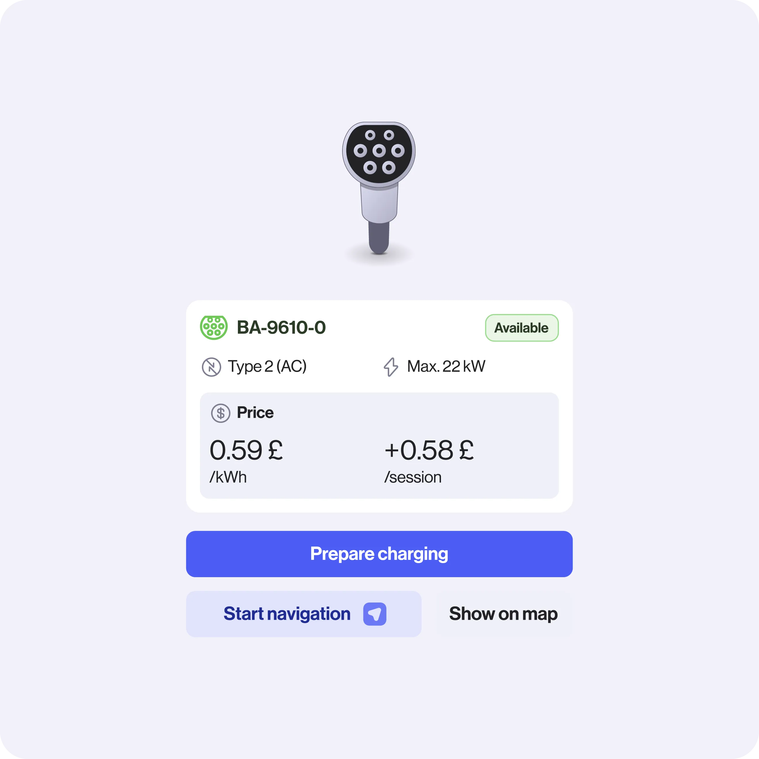 Charging station overview showing a Type 2 AC connector, max 22 kW. Price: £0.59/kWh + £0.58/session. Buttons: “Prepare charging,” “Start navigation,” “Show on map”.