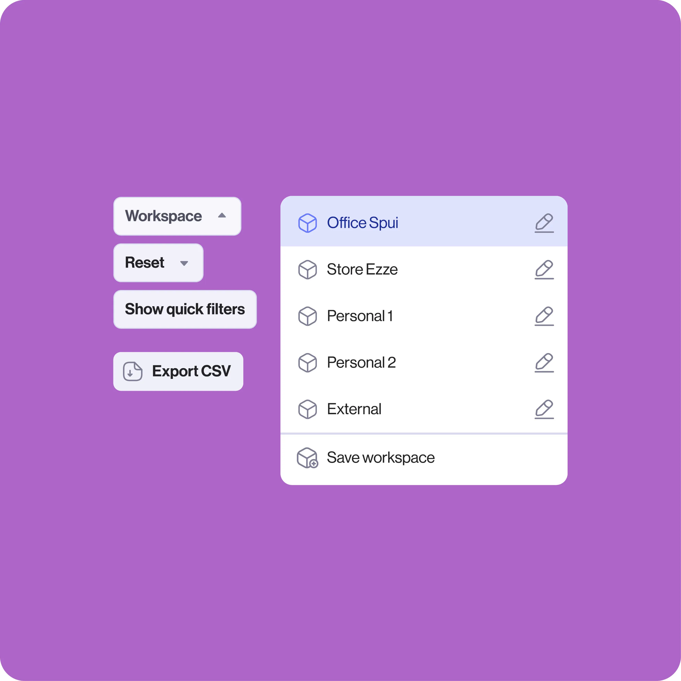Interface for selecting and managing workspaces, including options like “Office Spui,” “Personal 1/2,” “Store Ezze,” and buttons for exporting CSV or showing quick filters.