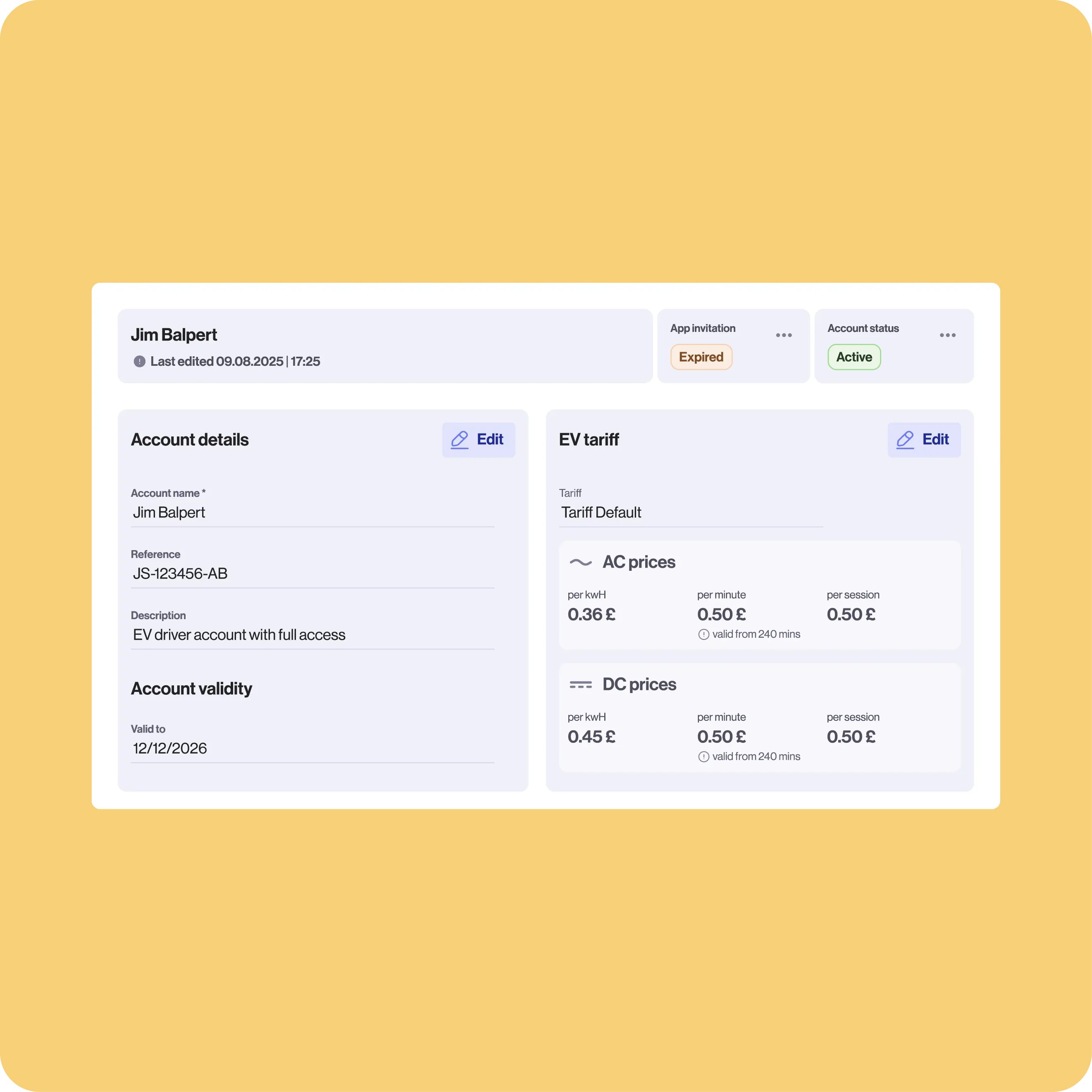 Account overview for Jim Balpert showing EV tariff “Tariff Default” with AC prices at £0.36/kWh, £0.50/min, and £0.50/session; DC prices at £0.45/kWh. Status: App invitation expired, account active.