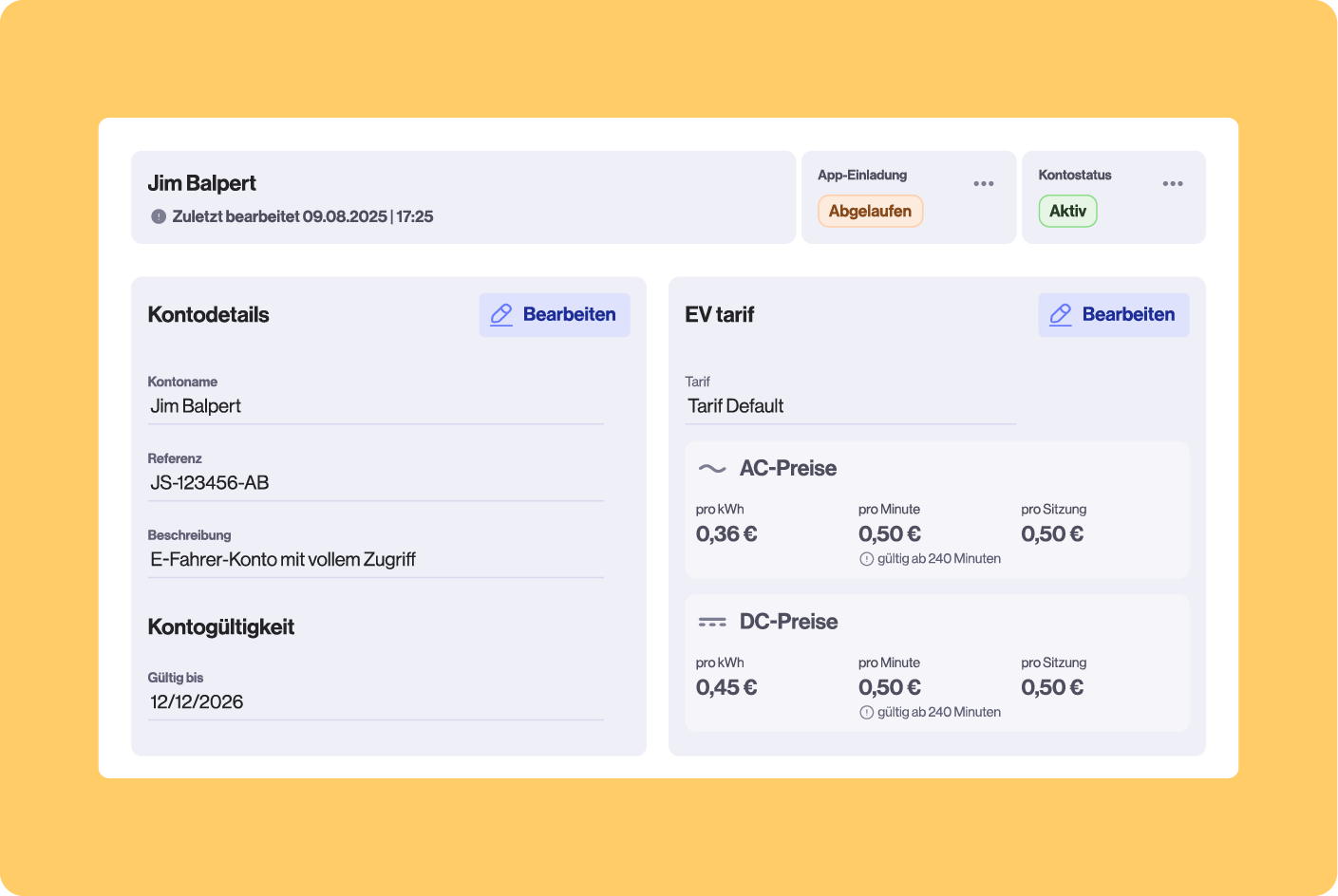 Nutzerkonto-Übersicht für Jim Balpert mit EV-Tarifen (AC und DC), Kontodetails mit vollem Zugang als E-Fahrer und Gültigkeit bis zum 12.12.2026.