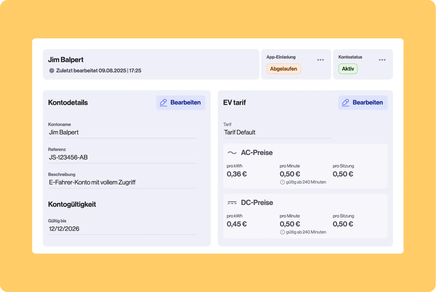 Nutzerkonto-Übersicht für Jim Balpert mit EV-Tarifen (AC und DC), Kontodetails mit vollem Zugang als E-Fahrer und Gültigkeit bis zum 12.12.2026.