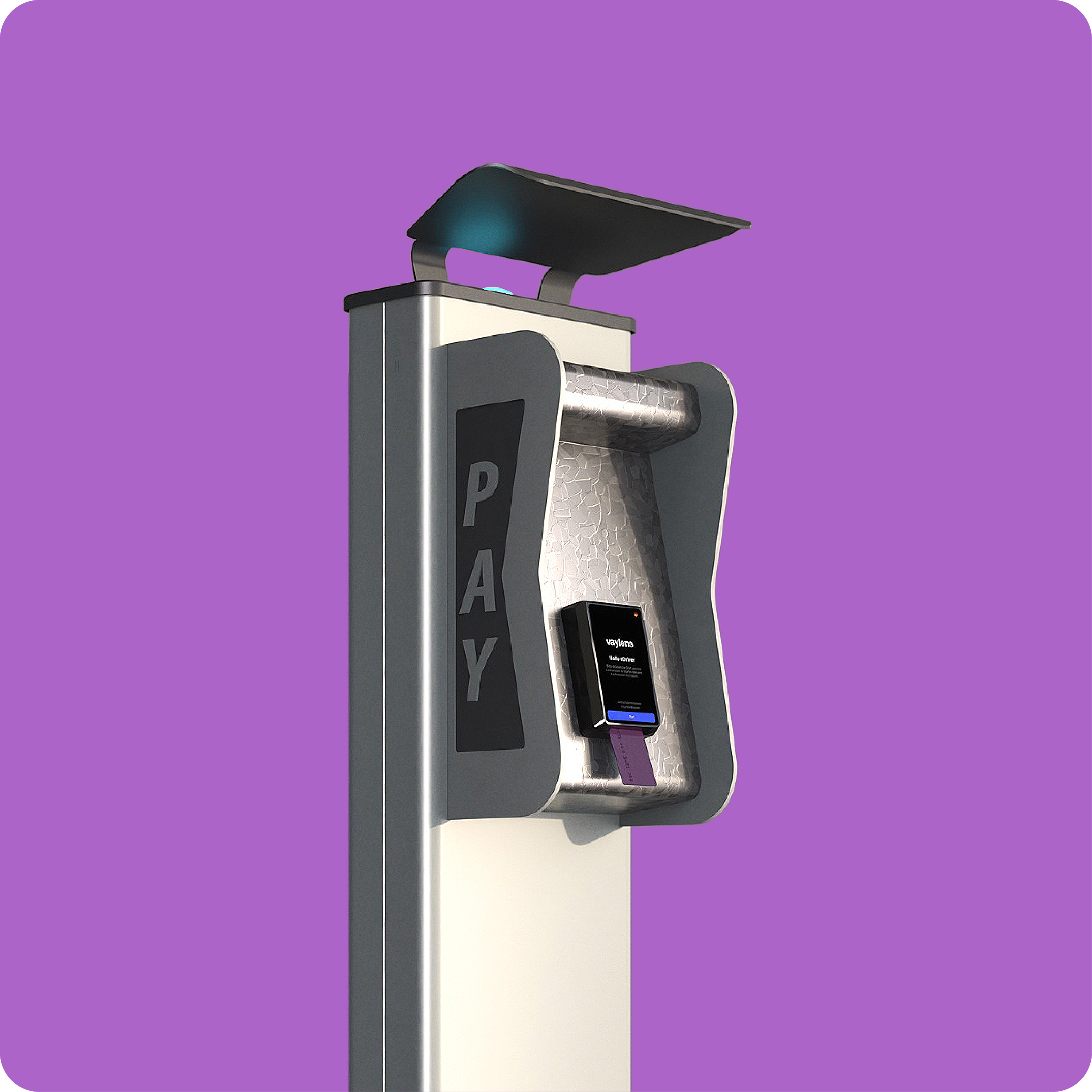 Modern EV charging payment terminal with contactless card reader and a screen displaying Vaylens branding, mounted on a purple background.